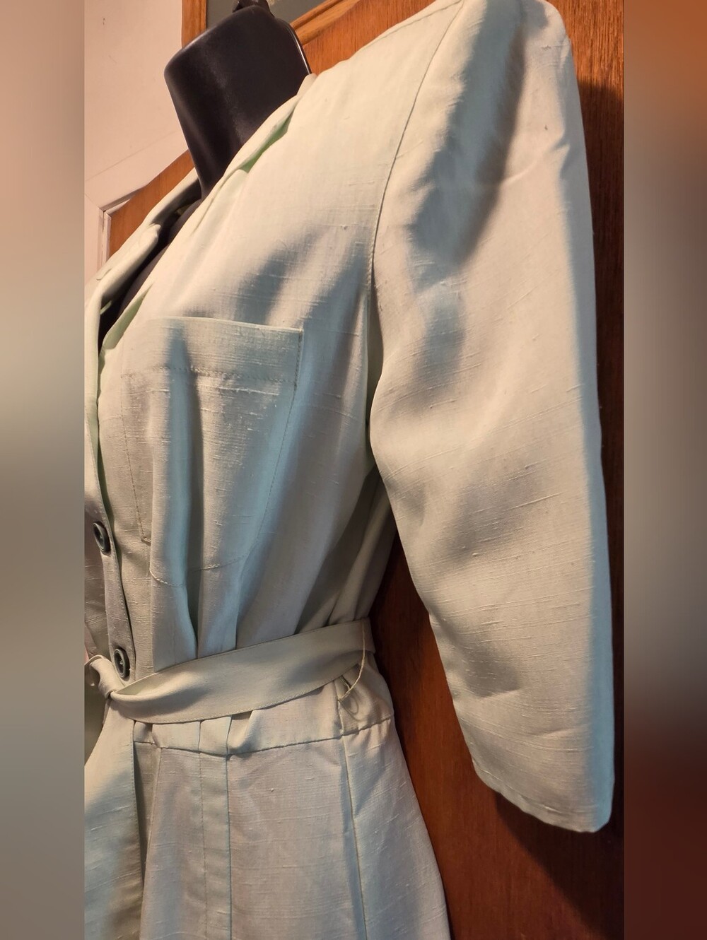 Button-Front Mint Vintage Handmade Silk/linen Midi Dress w/Self-Tie Waist Sz8/M - Picture 4 of 6